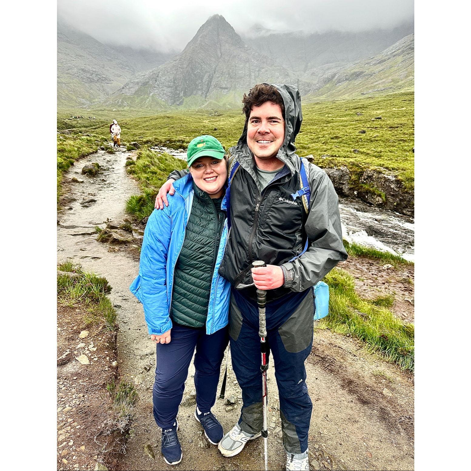 Hiking at the Fairy Pools on the Isle of Skye. It was a bit rainy and windy!
