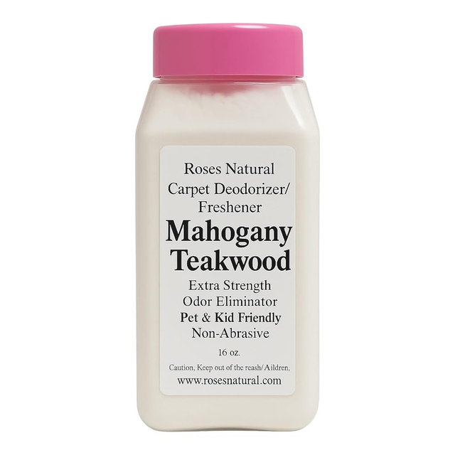 Roses Natural Carpet Deodorizer Powder – Mahogany Teakwood Scent, Extra Strength Odor Eliminator, Pet & Kid Friendly, Non-Toxic, 16 oz
