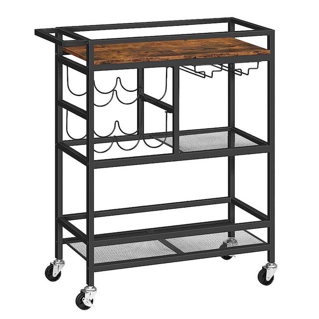 MAHANCRIS Bar Cart for The Home, 3-Tier Serving Cart with Wheels and Handle, Beverage Cart with Wine Rack and Glass Holder, Rolling Wine Cart for Kitchen, Dining Room, Rustic Brown RCHR6101