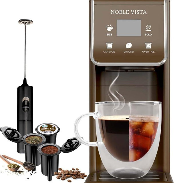 NOBLE VISTA Hot And Iced Coffee Maker, Milk Frother, K Cup Single Serve Coffee Maker, Ground Coffee, Iced Tea, 6-14 OZ Brew, 52 OZ Water Tank