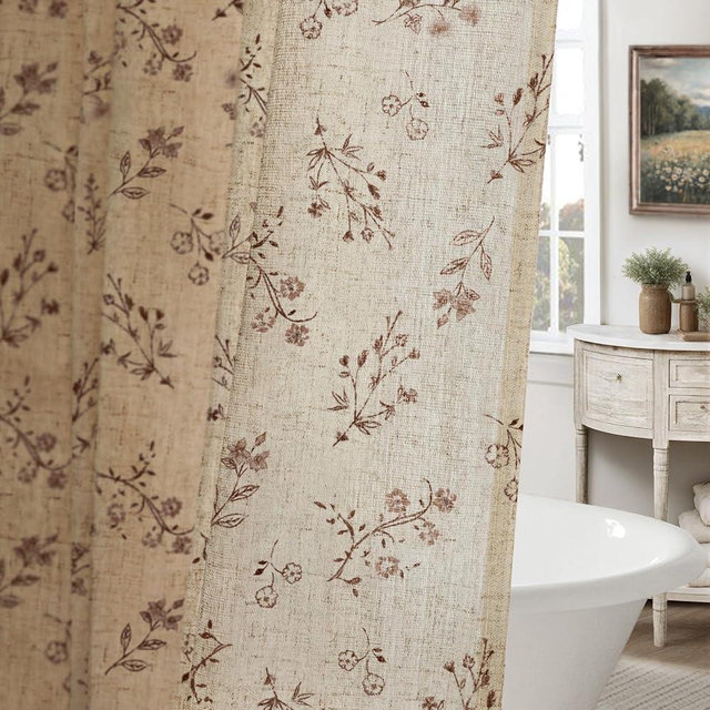 XOGUIBO Brown Floral Farmhouse Vintage Linen Shower Curtain, French Country Shower Curtains for Bathroom, 72Wx72H