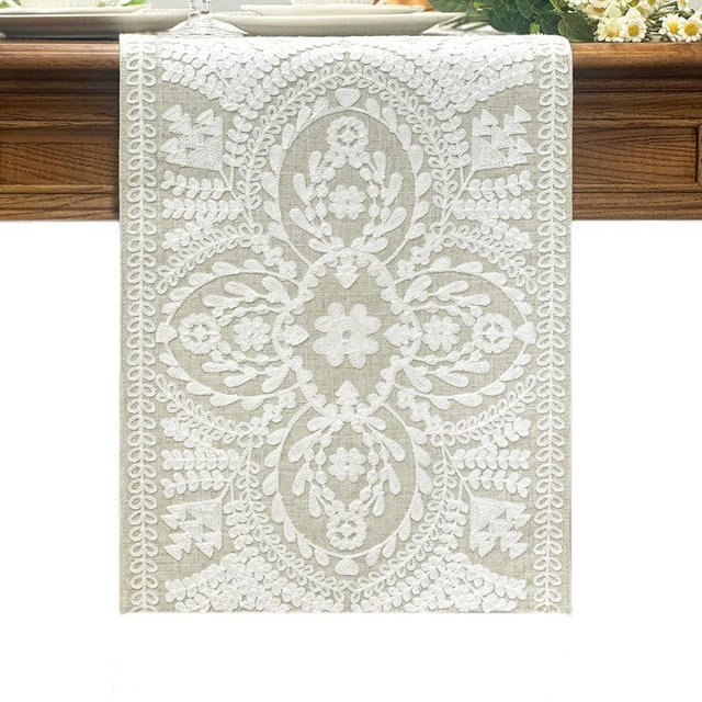 KEVA Boho Table Runner 72inches Long, Farmhouse Linen Table Runner, Rustic Vintage White Embroidered Table Runners 13x72 Inch for Dining Table Decorations