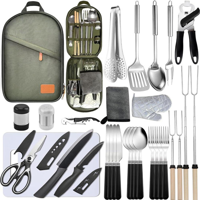 Bsotas Camping Cooking Utensils Set - Camping Utensil Set Car Camping Cooking Essentials Gear for Camp Kitchen Cooking and Grilling, Stainless Steel & Silicone Ideal Gift for RV Tent Camper