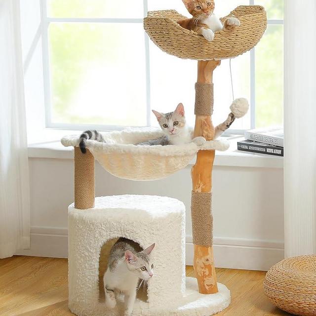 MUTTROS Modern Cat Tree for Large Cats, Wood Cat Tower for Indoor Cats, Real Branch Luxury Cat Furniture with Super Large Cozy Condo and Hammock & Scratching Post, Top Basket, White