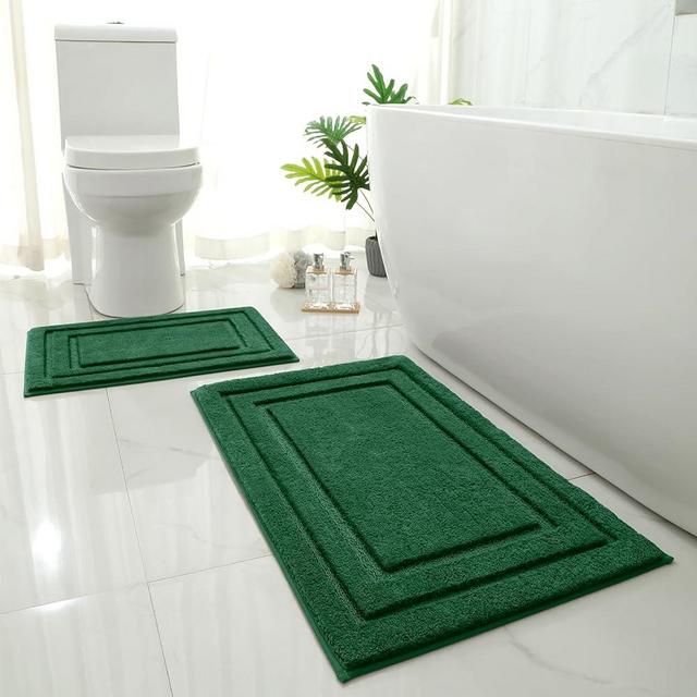 HOMEIDEAS Bathroom Rugs Sets 2 Piece, Super Soft and Absorbent Non Slip Microfiber Machine Washable Bath Mat Set (20" x 32" + 16" x 24", Dark Green)