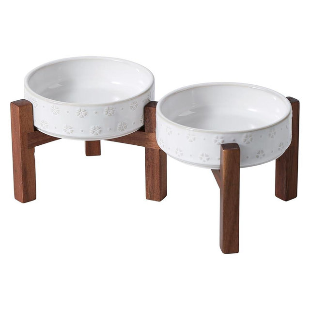 Havniva 6.1inch Ceramic Raised Double Bowls Set with Acacia Wood Stand, 2 Heights Elevated, Food & Water Bowls for Toy Breed Dogs, Kitty, Cats, Pet Bowl(13.5OZ, Arctic White)