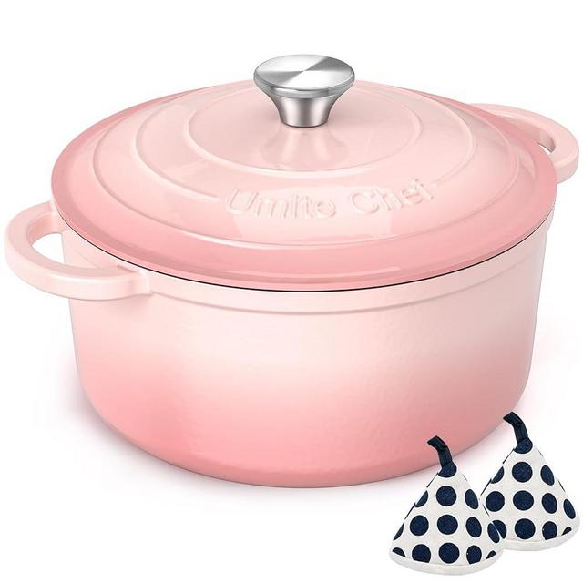 Umite Chef 5QT Enameled Cast Iron Dutch Oven Pot with Lid, Heavy-Duty Cookware for Bread Baking, Braising, Stews, Roasting, Wedding Registry Ideas & Gifts (Pink)
