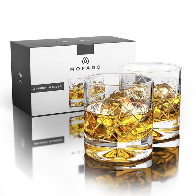 MOFADO Crystal Whiskey Glasses - Etched - 12oz Set of 2 - Lead Free Hand Blown Crystal - Thick Weighted Bottom Rocks Glasses - Perfect for Scotch, Bourbon, Manhattans, Old Fashioned's, Cocktails
