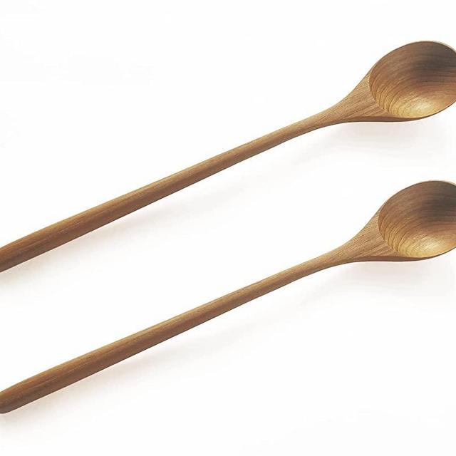 FAAY - 2 Pcs 10.5 inches Long Handle Teak Soup Spoon for Chef Testing, Stirring, Mixing. Kitchen - Cooking Utensil Korean Style 100% Non-toxic and Natural from High Moist Resistance Teakwood