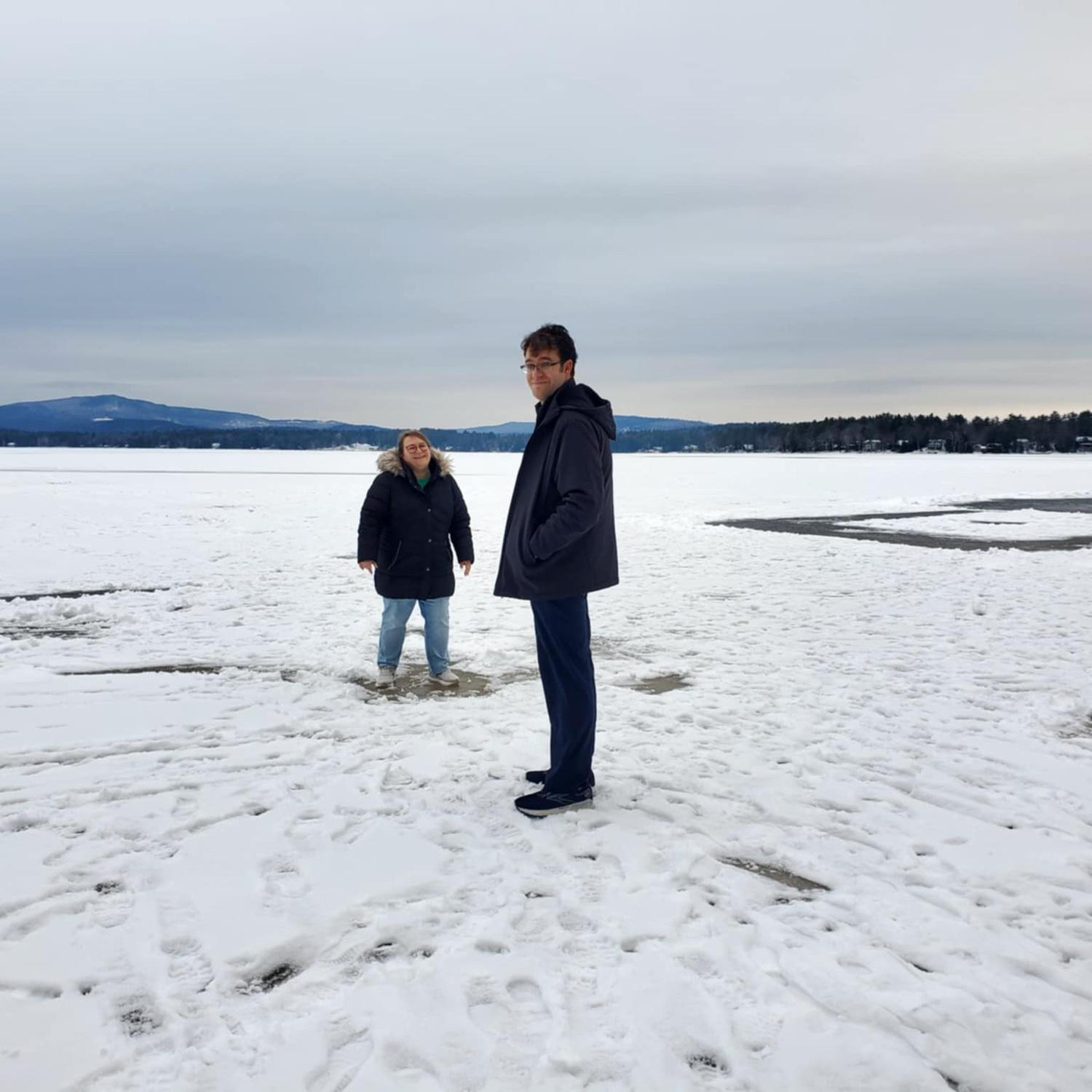 Aubrie visited Matthew in his hometown of Wolfeboro NH in December 2024. This is them on the frozen lake at Albee Beach.