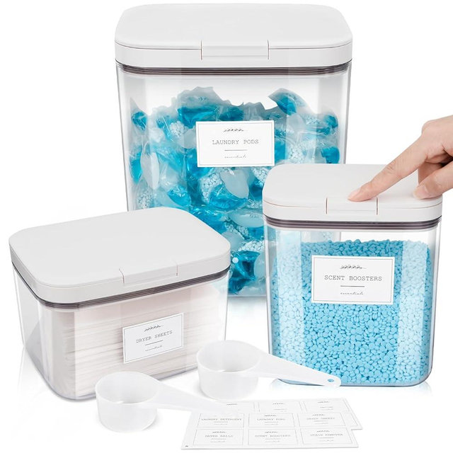 Zingbee 3 Pack Laundry Powder Containers & Dryer Sheet Holder with Lids & Labels - Airtight Laundry Room Organization and Storage Jars for Laundry Pods, Scent Beads, Dryer Balls, Detergent