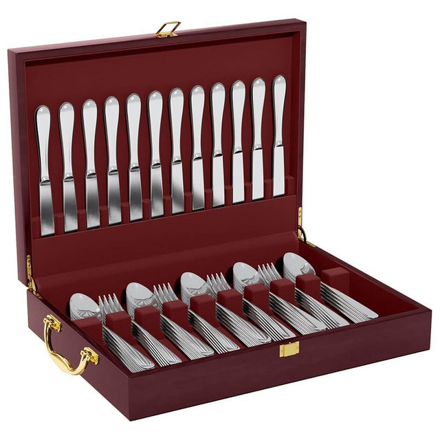 WGLILO Wooden Silverware Storage Box With Lid, Cutlery Case With Handle & Felt Lined, Silver Flatware Chest for 12 Sets of Utensil for Forks, Knives, Spoons, Kitchen and Dining Organizer, Red