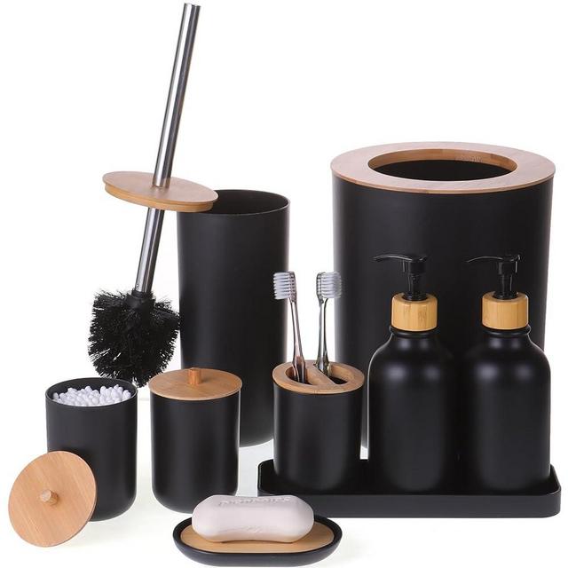 FNGJMJG Matte Black Bathroom Accessories Set 9PCS,Bamboo Bathroom Accessories Sets Complete with Trash Can,Soap Dispenser and Toothbrush Holder Set,Toilet Brush,Qtip Holder,Vanity Tray,Soap Dish