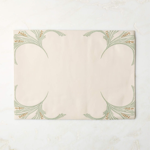 Saphra Warm White and Sage Green Leather Embroidered Rectangle Placemat