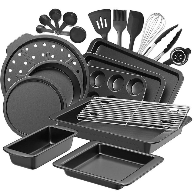 HONGBAKE Bakeware Sets, Baking Pans Set with Kitchen Utensils, Nonstick Oven Pan with Wider Grips, 17 Pieces Including Rack, Cookie Sheet, Cake, Loaf, Muffin, Pizza Pan