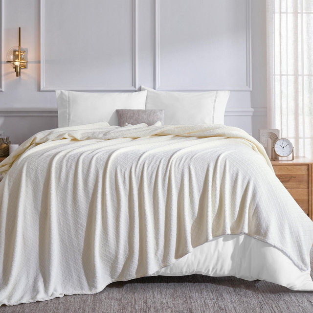 Plush Textured Quilted Diamond Fleece Blanket, King, Ivory - Blue Nile Mills