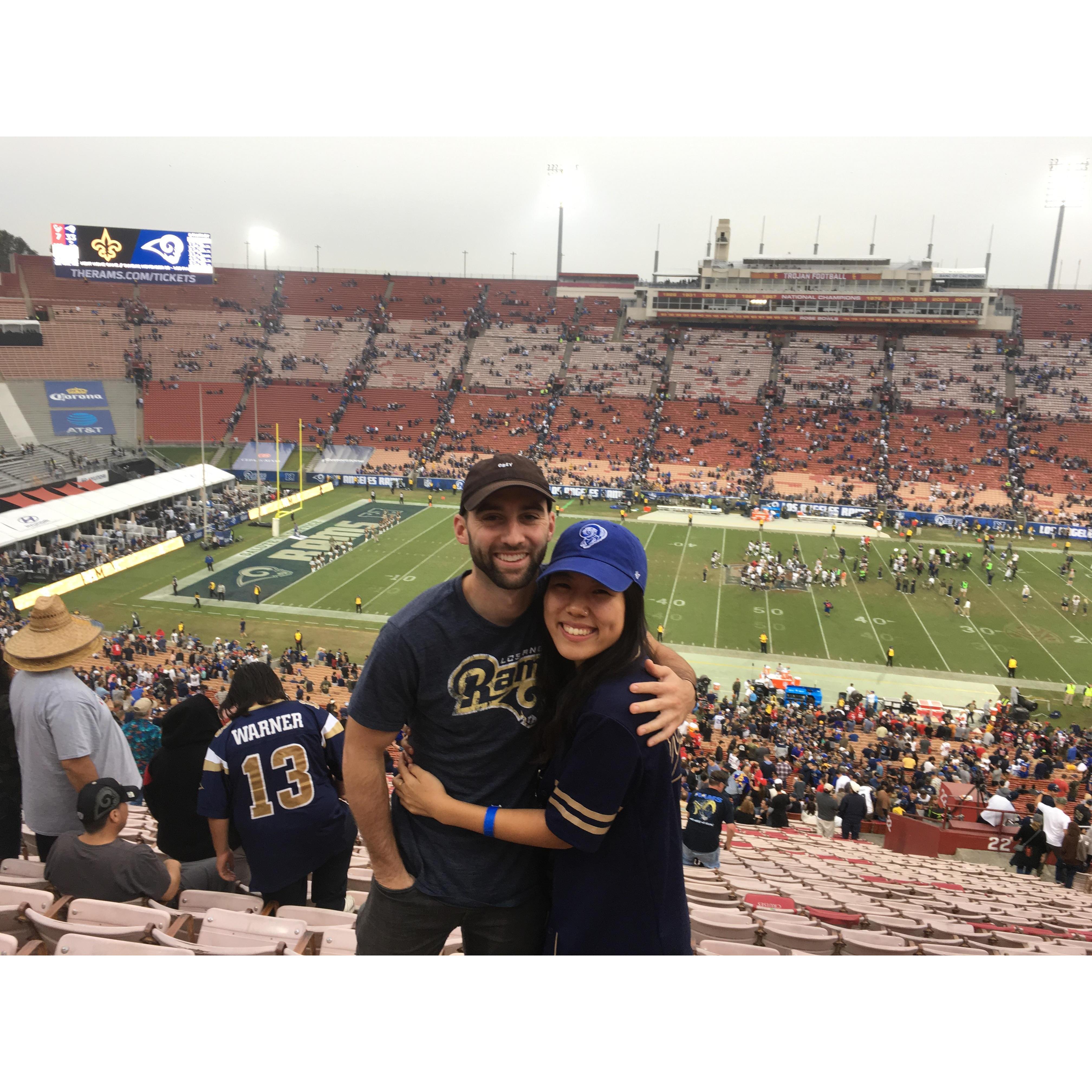 Becca earned major street creds for making flash cards to learn the names of all the Rams players before this game.