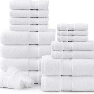 LANE LINEN Towel Set of 18 – Premium 100% Cotton, Zero Twist, 6 Large Bath Towel, 6 Hand Towels & 6 Wash Cloths, Quick Dry & Long-Lasting, Perfect for Family Bathrooms, Easy Care – White Towels