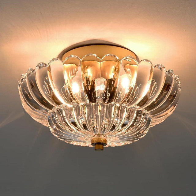 HYDELITE Gold Ceiling Light Fixture Bedroom Semi Flush Mount Ceiling Light Fixtures for Entryway Bathroom Living Room Proch with Scalloped Clear Glass