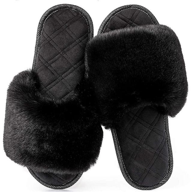 LongBay Women's Fuzzy Faux Fur Memroy Foam Flat Spa Slide Slippers Open Toe House Shoes Sandals