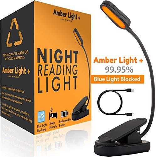 Giftable Amber Book Light - Rechargeable Blue Light Blocking Reading Light | Warm LED Light for Strain-Free, Healthy Eyes | Base Clamp for Hands-Free Use On the Go | Perfect for Night Readers/Students
