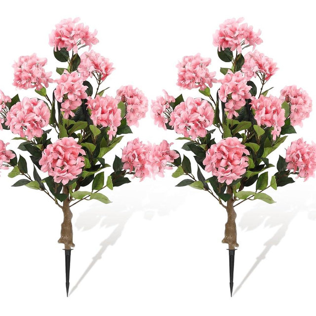 Lunmon 2 Pack Artificial Hydrangea Trees with Spikes, 24Inch Faux Hydrangea Outdoor Plants Bushes Realistic Fake Silk Flower for Planter Home Wedding Garden Patio Yard Decor(Pink)