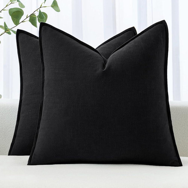MIULEE Decorative Linen Euro Sham Pillow Covers 24x24 Black ​Boho Farmhouse​ ​Neutral Couch Throw Pillows for Halloween Bed Pack of 2 Accent Modern Pillowcase Sofa Livingroom Home Decor