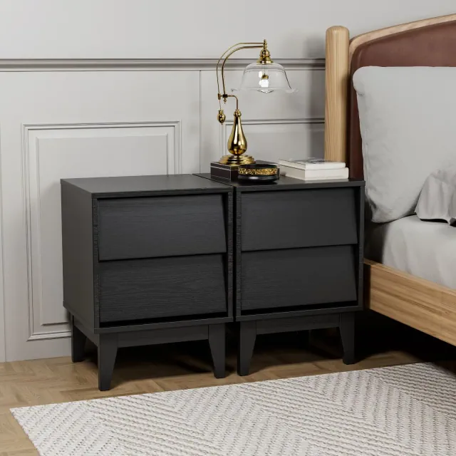 PAGED Night Stand Set 2 Mid Century Bedside Table Wooden Nightstand with 2 Storage Drawers and Bevel Design for Bedroom, Black