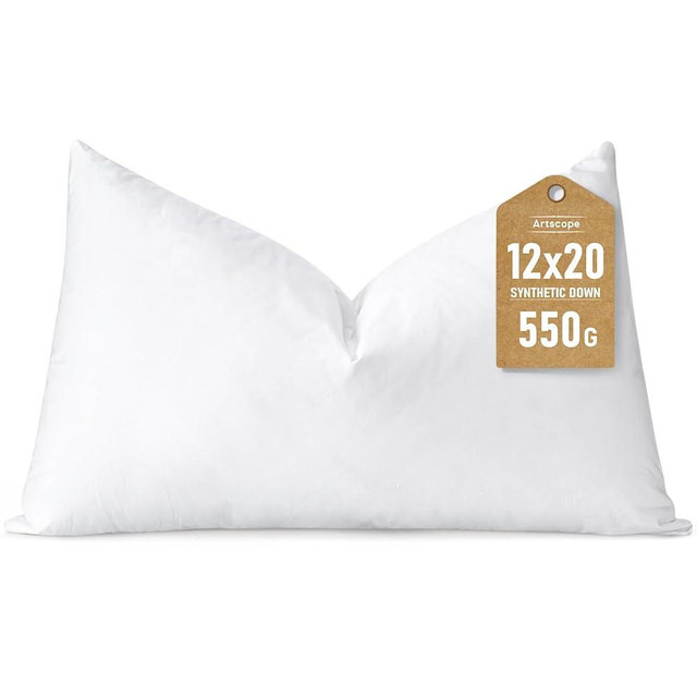 Artscope Synthetic Down Lumbar Pillow Insert, 12x20 Down Alternative Throw Pillow Insert. Ultra Soft Fluffy Sleeping Pillow with 100% Cotton Cover, Decorative Pillows-White.