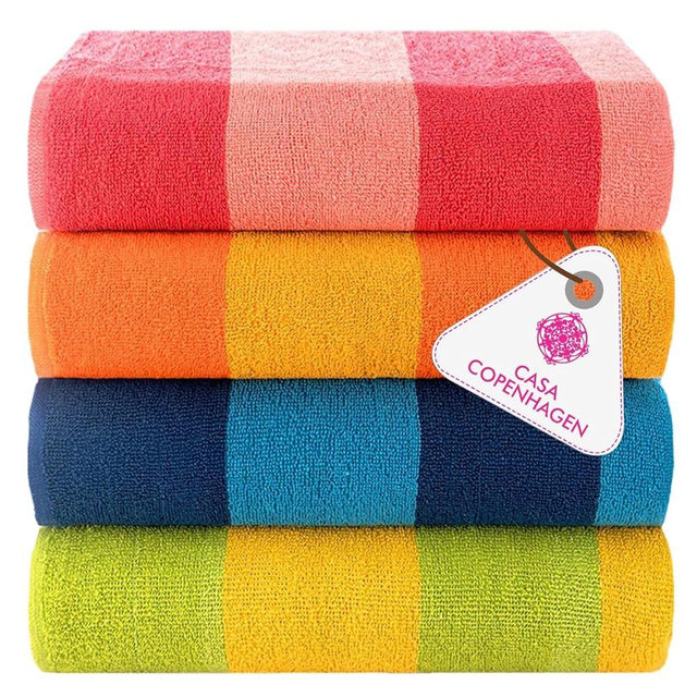 CASA COPENHAGEN Malibu Beach Towels Designed in Denmark Rough and Tough, Quick Dry, for Pool, Bath & Shower 30x60 inches 4 Pieces Cotton Beach Bath Towels Set - Orange, Blue, Pink, Green