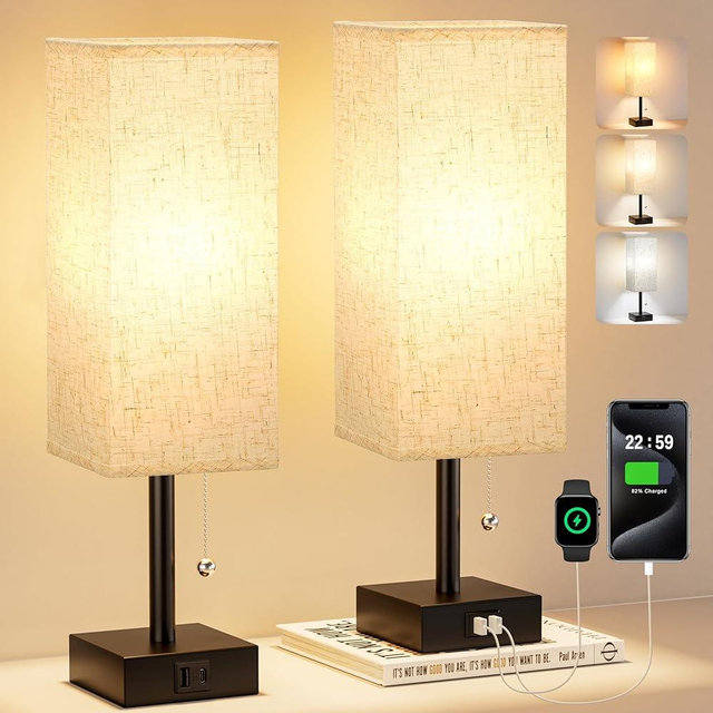 Fenmzee Bedside Lamps for Bedroom Set of 2 - Small Rectangular Nightstand Lamp with USB A C Charging Port, 3 Color Temperatures Desk Light with Bulb, Tabletop Reading Lamp for Living Room/Dorm/Office