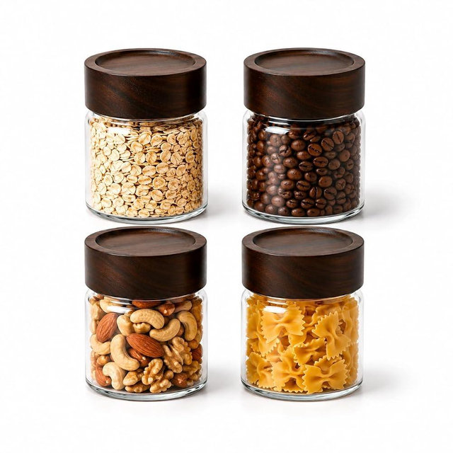 Wide Mouth Glass Storage Jars With 2.5" Acacia Wood Lids - 4 Pack of 6 Oz Food Storage Containers - Borosilicate Glass Canisters Sets For Kitchen - Pantry Organizers and Storage for Rice Coffee Beans