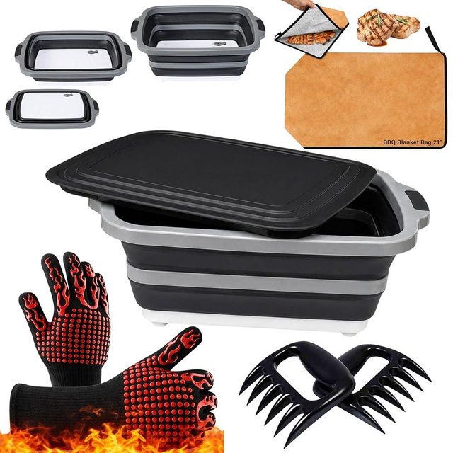 NCA - 5 piece BBQ Prep Tub, BBQ Blanket, Heat Resistant Grill Gloves (1472°F), Meat Claws | 21" Meat Resting Bag, Insulated Triple Layer | Foldable Cutting Board, Drain Plug | 2 pcs Chicken Shredder
