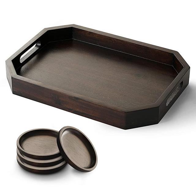 RAKYTO Ottoman Tray & 4 Wood Coaster, 16.5x12 Inch Natural Wood Tray with Cutout Handles & Angled Edges, Great for Ottoman Tray, Food Tray, Breakfast Tray, Eating Tray (Walnut Color)