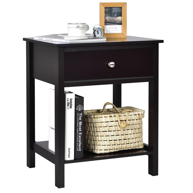 Costway Nightstand with Drawer Storage Shelf Wooden Bedside Sofa Side Table Brown