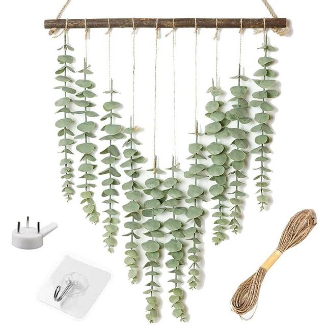Artificial Eucalyptus Greenery Hanging Wall Decor Fake Eucalyptus Vines Wall Hanging Plants with Wooden Stick Farmhouse Rustic Boho Wall Decor for Bedroom, Living Room, Entryway and Bathroom