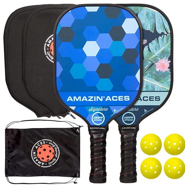 Amazin' Aces Signature Pickleball Paddle Set | USAPA Approved | Graphite Face & Polymer Core | Premium Grip | Includes Paddles, Balls, Paddle Covers, Bag & eBook | 2 Paddle Set (Blue & Green)