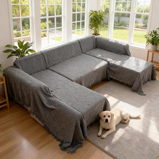 VANITURE Sectional Couch Covers U Shape, 3 Pieces Sofa Cover for Sectional Sofa, Washable U Shaped Couch Cover Blanket with Chaise Lounge for Dogs - Dark Gray (2PC 110"x63" + 1PC 90"x71")