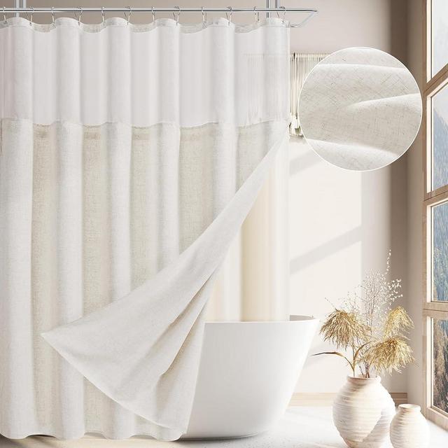 BOODII Linen Shower Curtain with Liner Set Upgrade Heavy Duty 230GSM Textured Shower Curtain and Water Resistant Liner Cream Farmhouse Rustic Double Shower Curtain with See Through Top Window 72x72