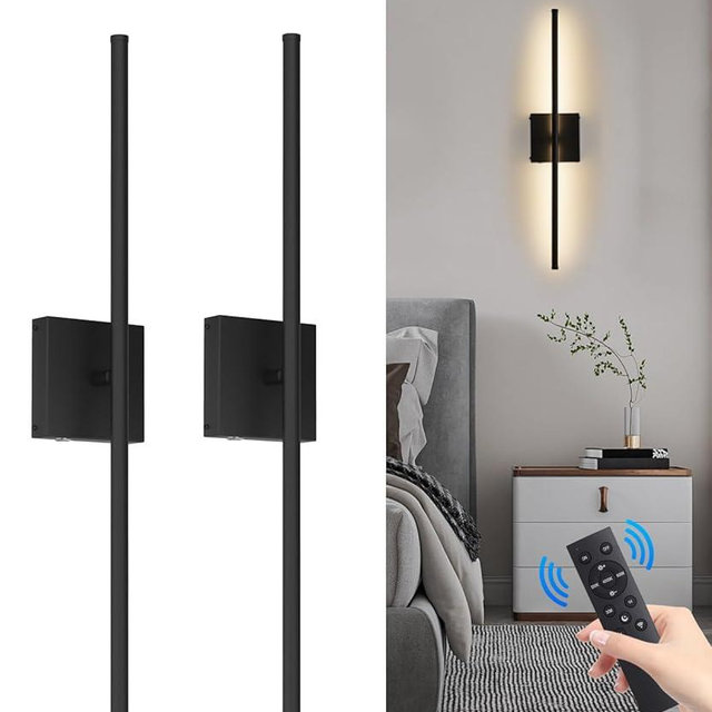 CASGAL Battery Operated Wall Sconces Set of 2, Dimmable Battery Wall Sconce with Remote Control,3000K-6500K LED Wireless Wall Light for Bedroom,Living Room, 26.6 Inch, Black(2 Pack)