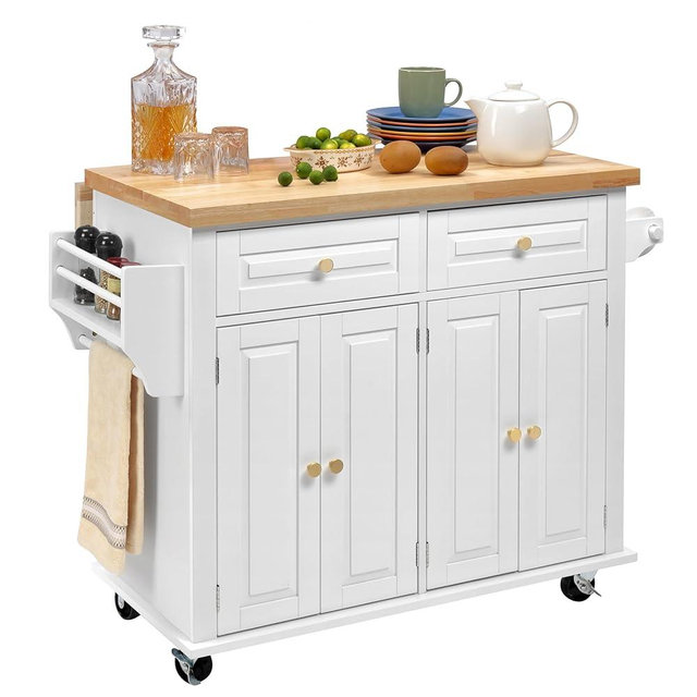 Finnhomy Rolling Kitchen Island With Drop Leaf, Thicken Rubberwood Top, Spice Rack, Towel Rack, Drawer, 43.3" Portable Mobile Kitchen Island Carts Table, Storage Cabinet, Both Wheels and Feet Included