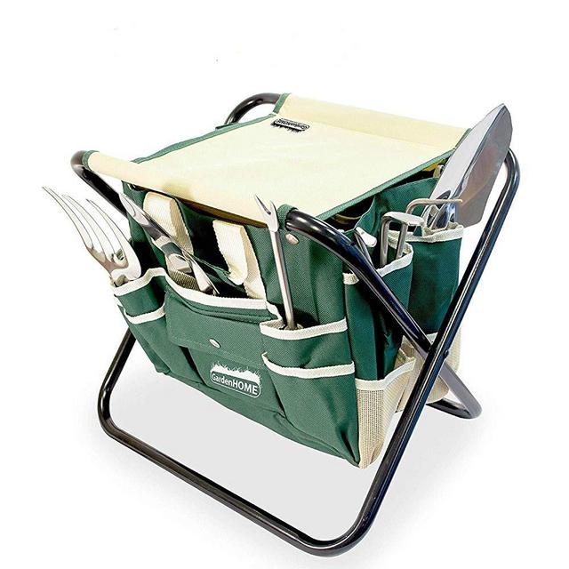 GardenHOME Garden Tools Set 7 Piece Stainless Steel Heavy Duty kit with Folding Stool and Bag, Green