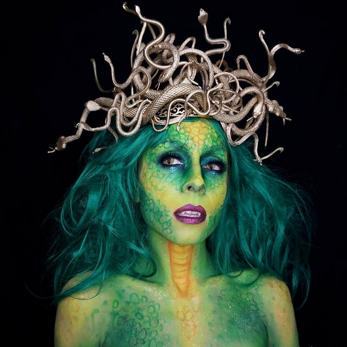 Makeup, snake headdress, fangs, contacts and green wig! Ambitious!