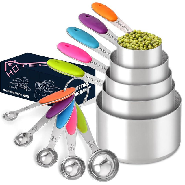HOTEC 10-Pack Measuring Cups &Spoons Set, Kitchen Gadagets Cooking Baking, Measuring Spoons, Heavy Duty & Dishwasher Safe for Dry and Liquid Ingredients, Multicolor