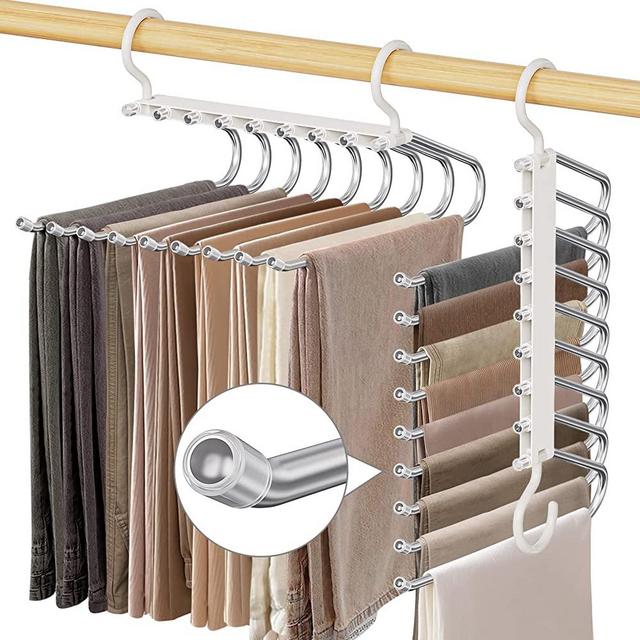 Upgrade 9 Layers Pants Hangers Space Saving, 2 Pack Pant Jean Hangers Organizer Non Slip Multifunctional Pants Rack Space Saver Closet Organization for Pants Jeans Leggings Trousers Skirts, White