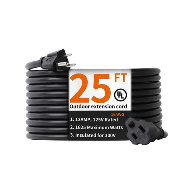 25 Feet Outdoor Extension Cord Waterproof Deep Black 16 AWG 3 Prong, Flexible Long Wires Perfect for Home or Office Use, UL Listed