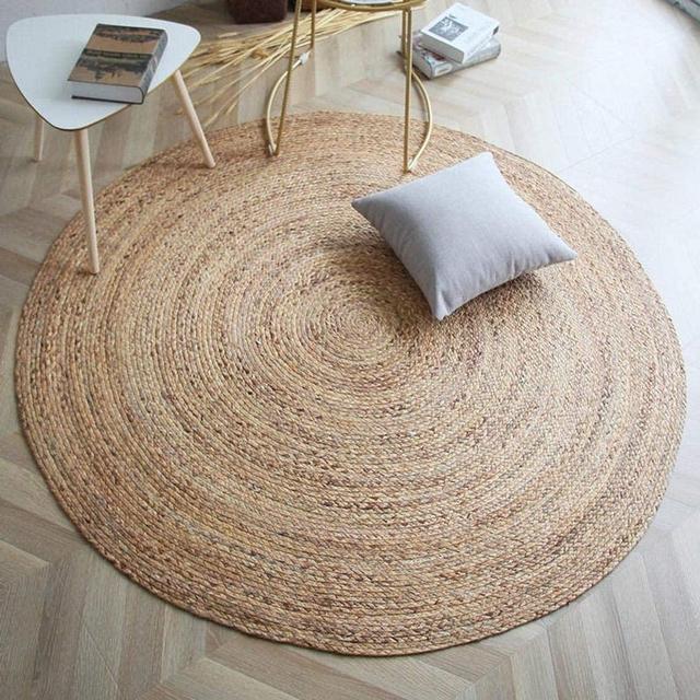 Frelish Decor Handwoven Jute Area Rug- 8 feet Round- Natural Yarn- Rustic Vintage Beige Braided Reversible Rug- Eco Friendly Rugs for Bedroom, Kitchen, Living Room, Farmhouse (6' Round)