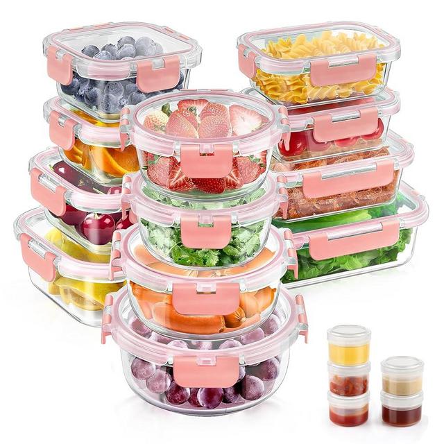 34pcs Glass Food Storage Containers with Lids Set, Airtight Glass Meal Prep Containers (17 Containers & 17 Lids),Leak Proof Lunch Containers BPA-Free, Microwave, Oven, Freezer, Dishwasher,Pink