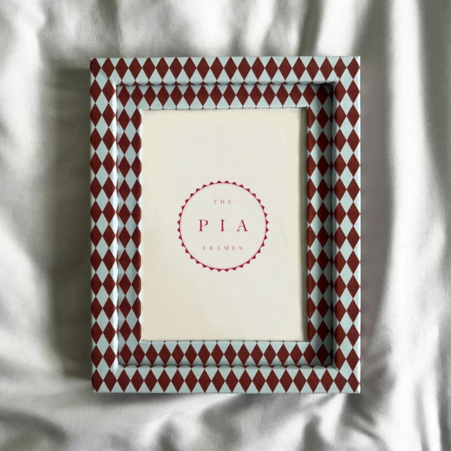 Burgundy & Blue Harlequin Fabric Frame – Hand-Wrapped Picture Frame – Playful Kitchen or Gallery Wall Decor