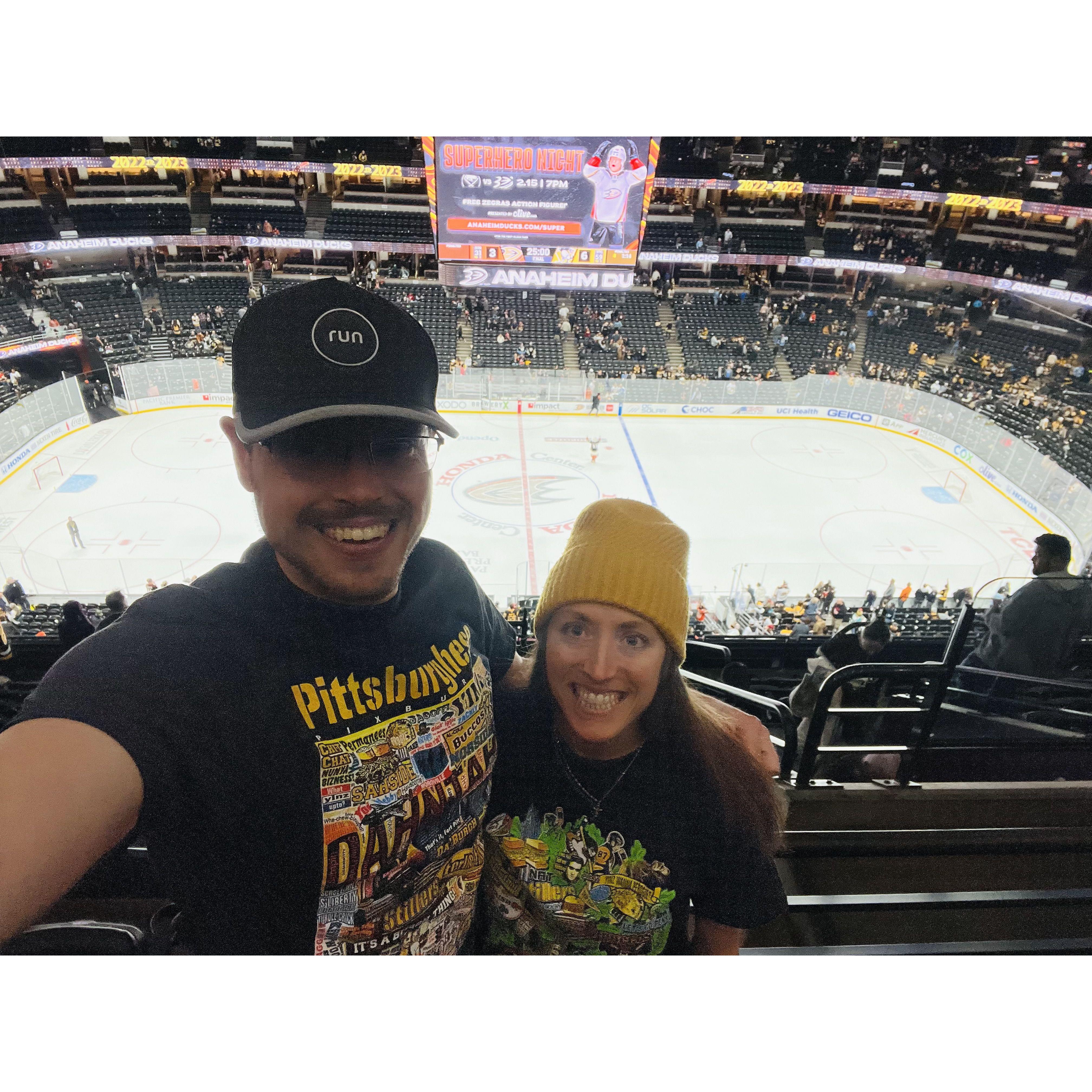 Go Pens!! Sporting our Pittsburgh attire at Pens vs. Ducks ice hockey game